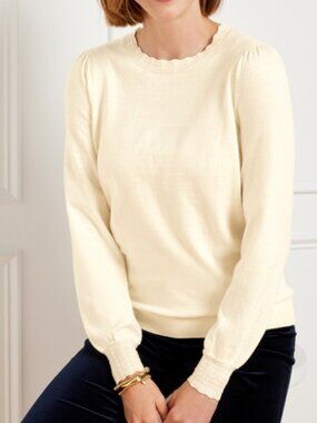 TALBOTS Women’s Cream Wool Blend Scalloped Edge Sweater Size Large Petite
